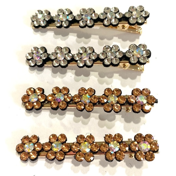 Hair Clips Clear And Peach Rhinestone Flowers Gold Tone Set Of 4 - Picture 3 of 4